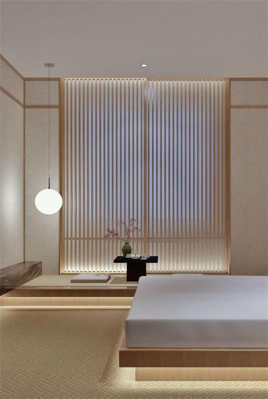 Zen -makuuhuone tasapainoinen huoneilmapiiri rauhallinen minimalistinen huonesuunnittelu tummennettu ikkuna riippuvalaisin