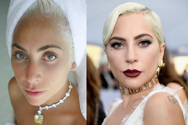 Makeup og uden makeup skuespillerinde Lady Gaga