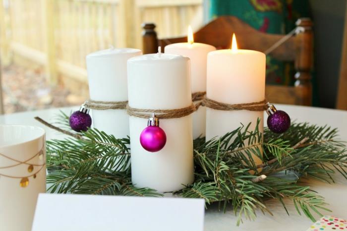 ideoita adventti seppele valkoiset kynttilät joulupallot deco ideoita joulu