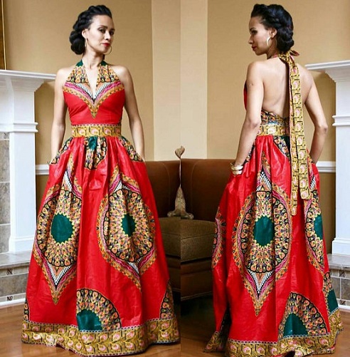 Orange boldkjole med Dashiki -tryk