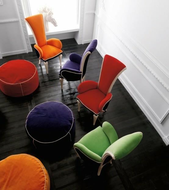 altamoda ruokasalin sisustussuunnittelijan tuolit värikkäitä lattiatyynyjä