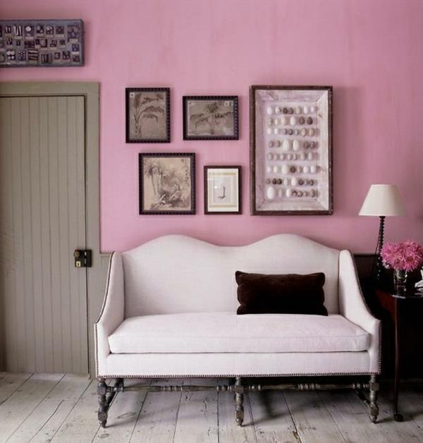 hämärä vaaleanpunainen seinämaali seinäkoristeideat vintage -huonekalut