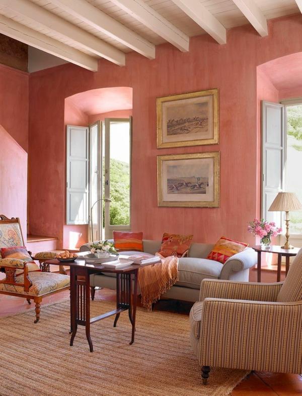 hämärä vaaleanpunainen seinäväri olohuone klassiset vintage -puupalkit