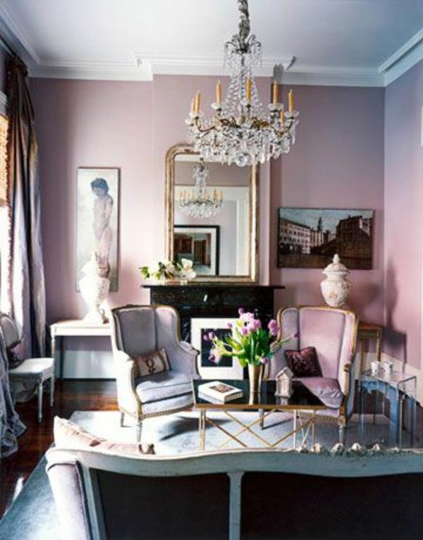 olohuone klassinen hämärä vaaleanpunainen seinämaali koriste tuolit