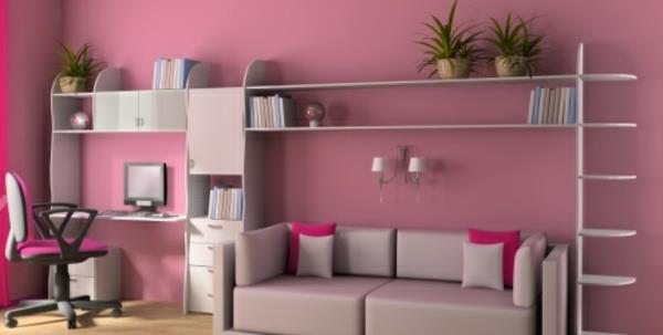 hämärä vaaleanpunainen seinäväri olohuone klassinen vintage hyllyt sohva
