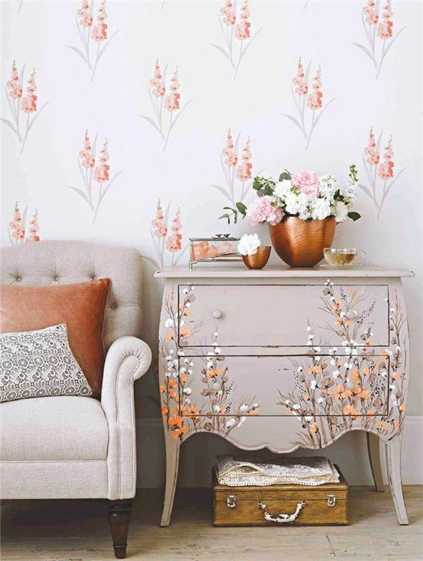 sivupöytä koristella pukeutuja antiikki muotoilu senkki kuparikulhot tuoreita kukkia