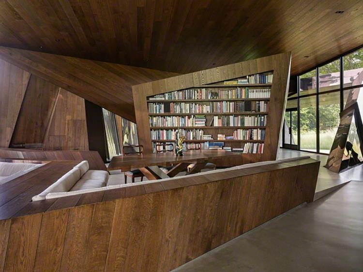 arkkitehtuuri ja design puukalusteet minimalistinen talo kirjasto olohuone