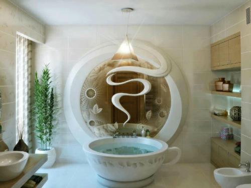houkutteleva kylpyhuone design kylpyamme aasialainen tyyli eleganssi hyllyt
