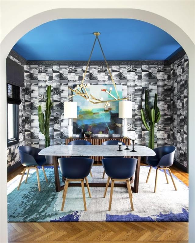 houkutteleva seinän muotoilu tapetti kivestä näyttää siniseltä katto tuolit valkoinen ruokapöytä matto