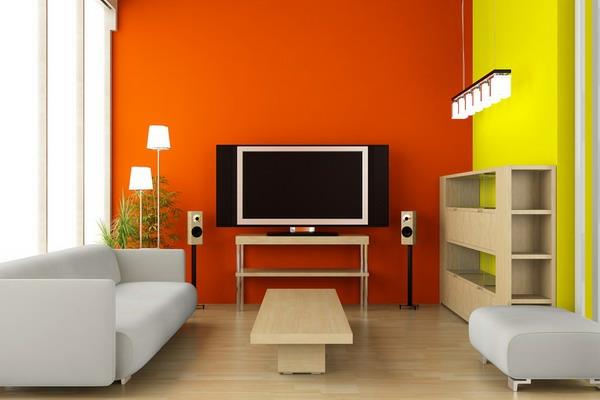 houkutteleva väripaletti sisustuksessa olohuone oranssi punainen seinä