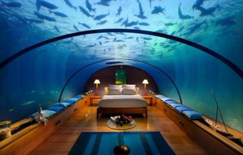 kauniit makuuhuoneen mallit vedenalaisen maailman lasiseinäkatto