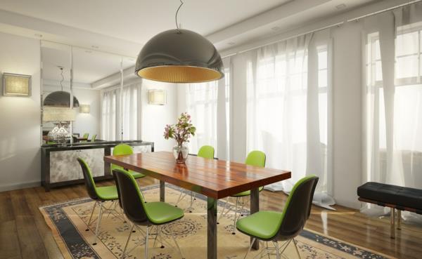 silmiinpistävä ruokasalin suunnittelu vihreä verhoiltu tuoli moderni