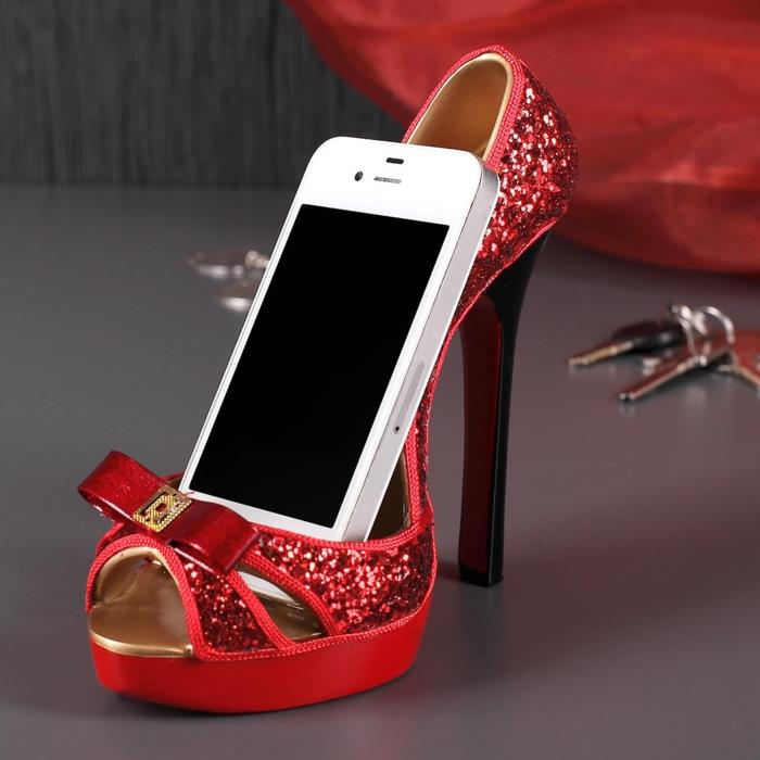 epätavalliset lahjaideat glitterpumppu punainen matkapuhelimen pidike