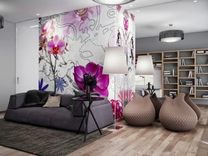 fancy tapetti olohuone kukka kuvio seinä suunnitteluideoita