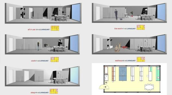 Ulos vedettävät hyllyt kätkevät modulaarisen huonerakenteen