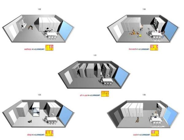 Ulos vedettävät hyllyt kätkevät modulaarisen huonekonseptin