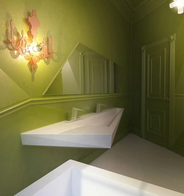 avantgarde kylpyhuone kulmikas muotoilu vihreät seinät