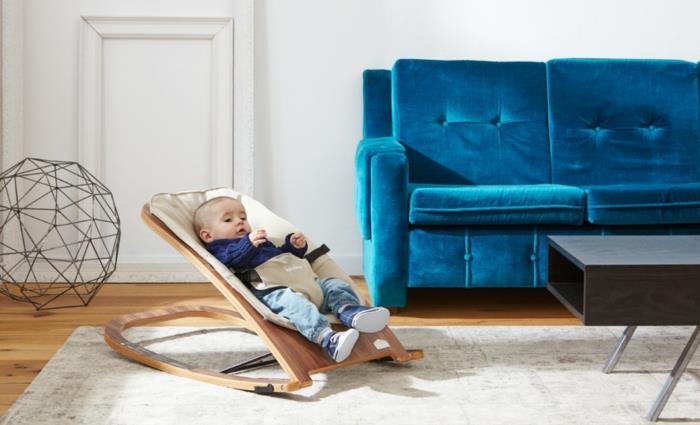 vauvan keinu moderni muotoilu olohuone sininen sohva olohuoneen sisustus
