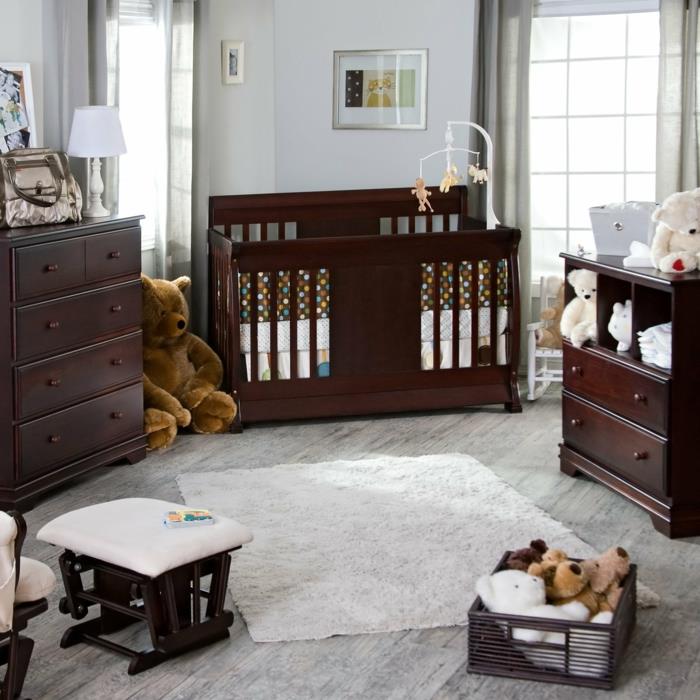 lastenhuoneen suunnittelu vauvan huone ruskeat huonekalut lelut tyylikäs