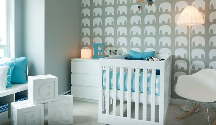 vauvan huoneen sisustusideoita tuoreita seinätaustakuvia norsuja valkoisia huonekaluja