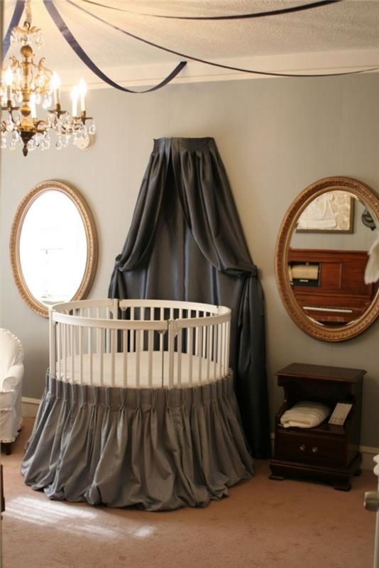 lastenhuoneen suunnittelu vauvan huone pyöreä pinnasänky seinäpeili kynttilänjalka
