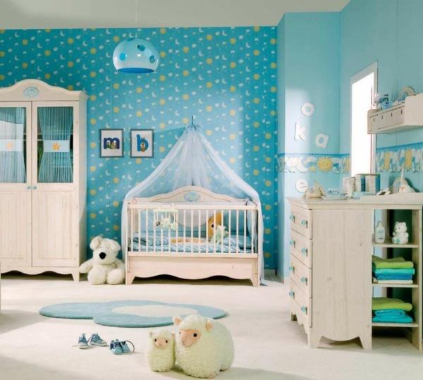 vauvan huoneen suunnittelu sängyn katos toiminnallinen lipasto sininen valkoinen
