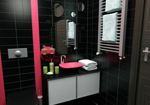 kylpyhuoneen kalusteet mustat seinälaatat vaaleanpunaiset aksentit pyöreät peilit