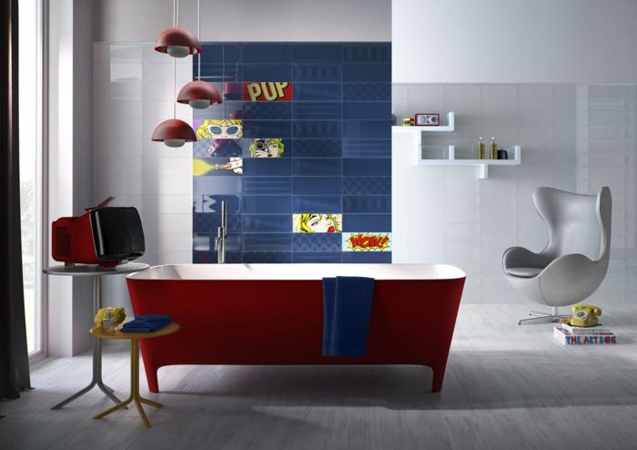 kylpy laatat keraamiset seinälaatat epätavallinen kylpyamme punainen nojatuoli