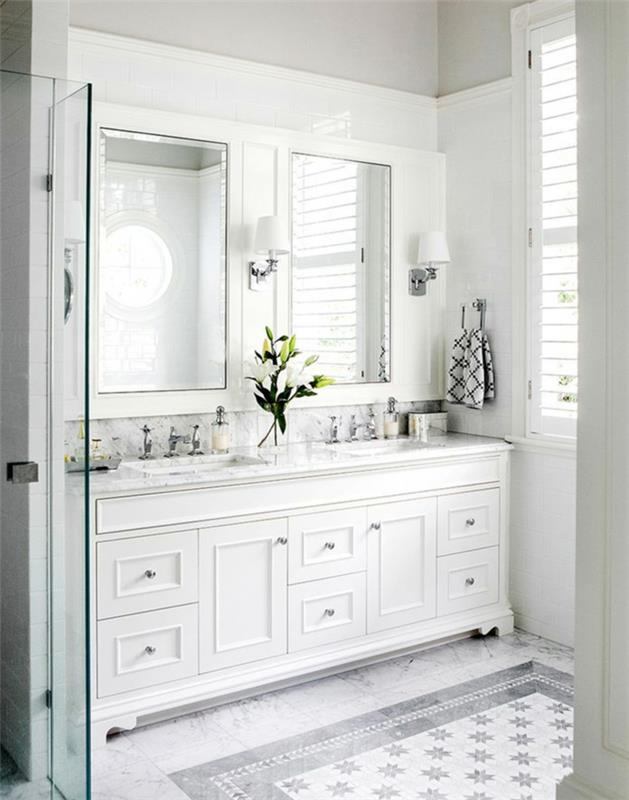 kylpyhuoneen sisustusideoita valkoiset kylpyhuonekalusteet kasvit kirkkaat kylpyhuoneen laatat