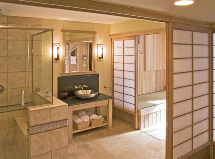 kylpyhuone sisustus japanilaistyylinen liukuva näyttö