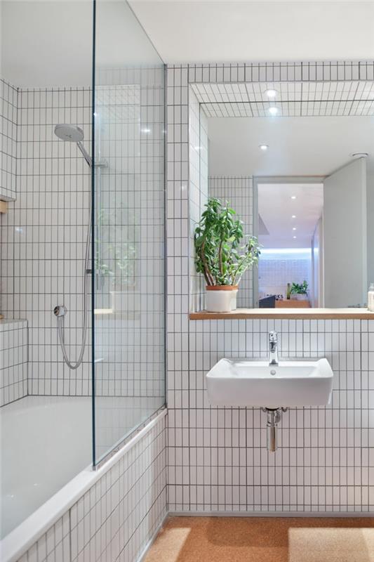kylpyhuonekalusteet valkoinen kylpyhuone laatat kasvi suihku kylpyamme