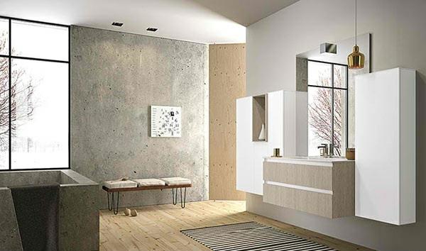 kylpyhuone betoni näyttää puulattialta kylpyhuone huonekalut seinäpeili kaapit