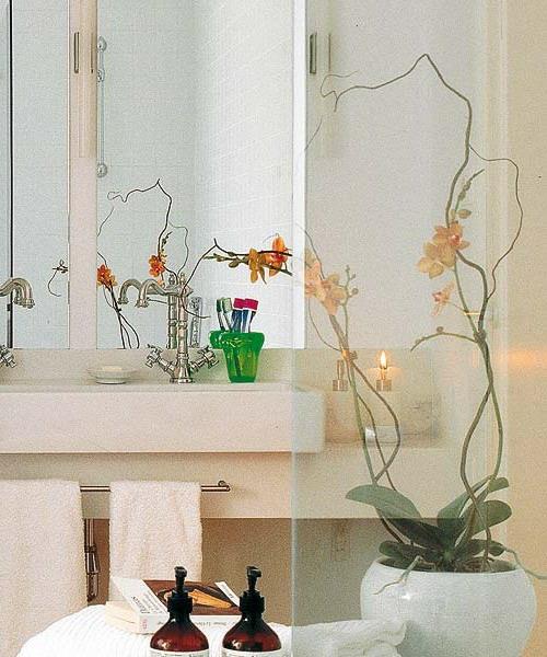 kylpyhuone sisustus orkideat levy pesuallas maljakko kosmeettinen