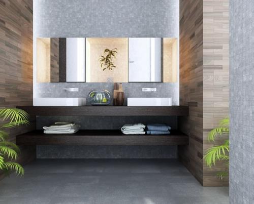 kylpyhuoneen suunnittelu kuvia palmuja eksoottinen tunnelma hyllyt pesuallas