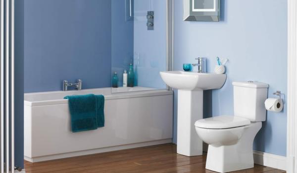 kylpyhuoneen suunnittelu valkoinen sininen puulattia