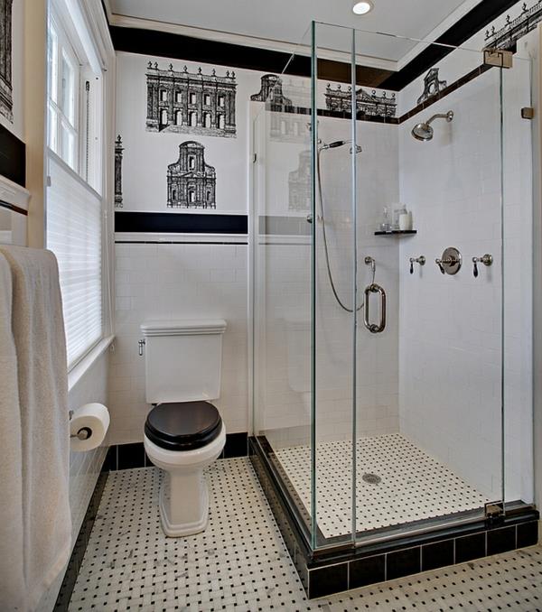 kylpyhuoneen lattialaatat mustavalkoinen suihkukaappi lasilevyt seinätarra