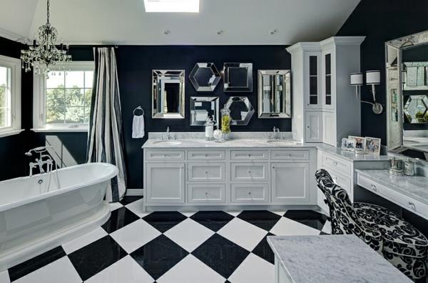 kylpyhuoneen sisustus lattialaatat mustavalkoinen ruutulaudan kuvio