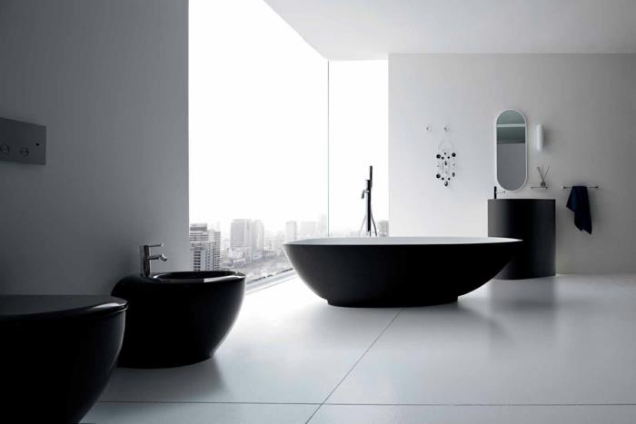 kylpyhuoneen suunnittelu tummat kylpyhuonekalusteet valkoiset lattialaatat kylpyhuoneen peili