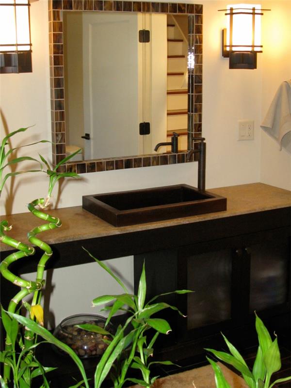kylpyhuoneen suunnittelu feng shui -tyyliset kasvit kylpyhuoneen peili