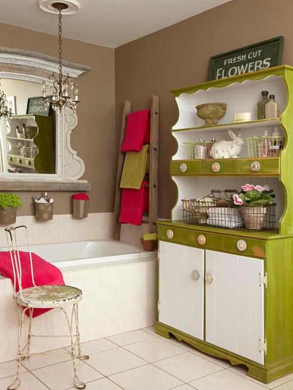 kylpyhuoneen suunnitteluideoita värillinen vihreä kaappi vaaleanpunainen aksentti