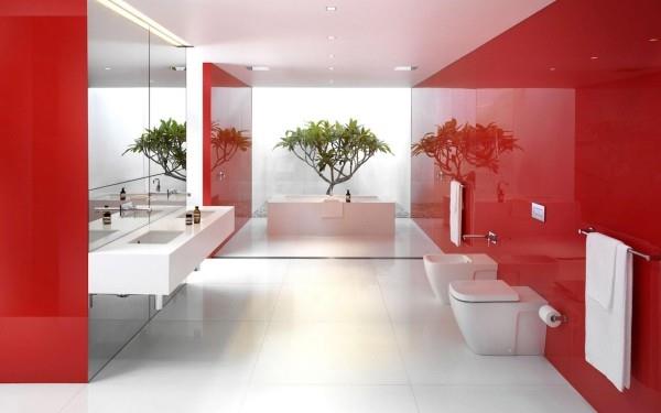 kylpyhuoneen suunnitteluideat kiiltävät punaiset pinnat