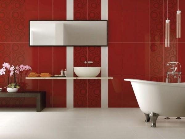 kylpyhuoneen suunnitteluideat punaiset laatat kuvioilla