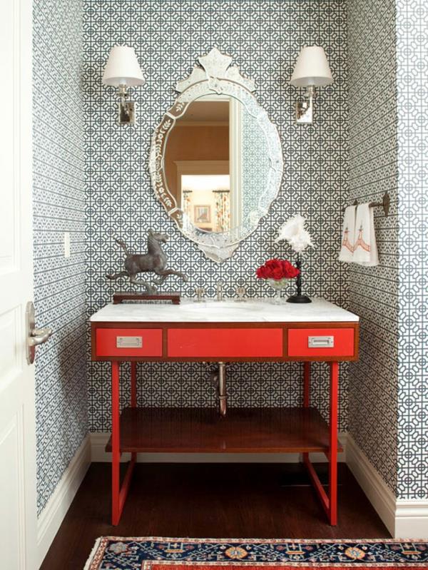 kylpyhuoneen suunnitteluideat musta valkoinen punainen sivupöytä