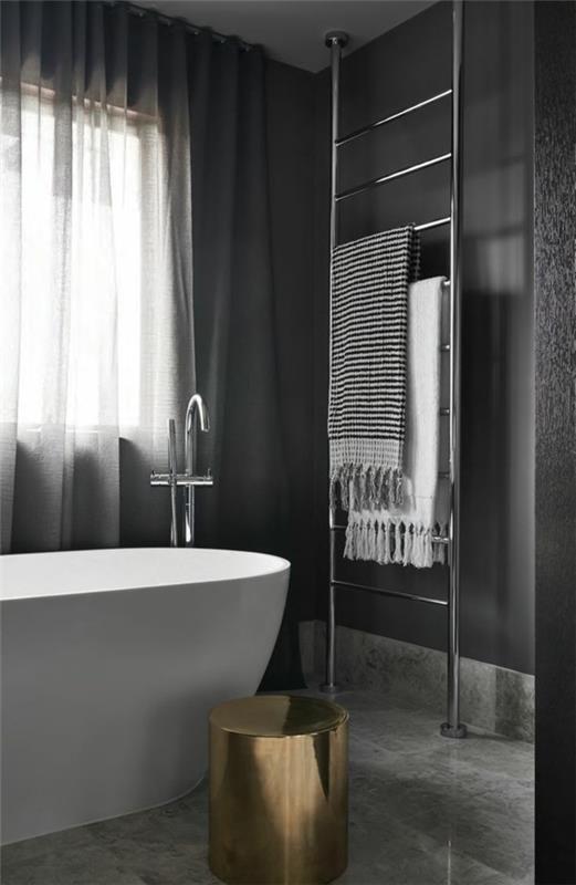 kylpyhuone harmaa tummanharmaa seinäsuunnittelu epätavallinen sivupöytä