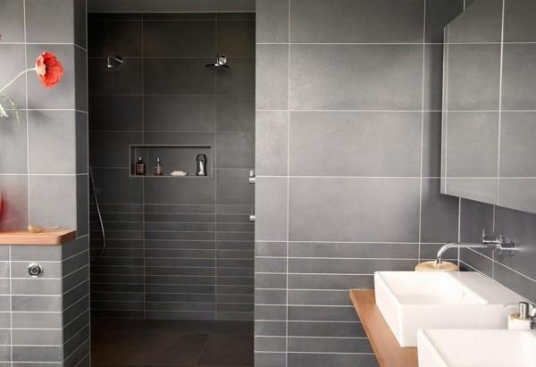 kylpyhuone harmaa harmaa seinälaatat suuret lattialaatat
