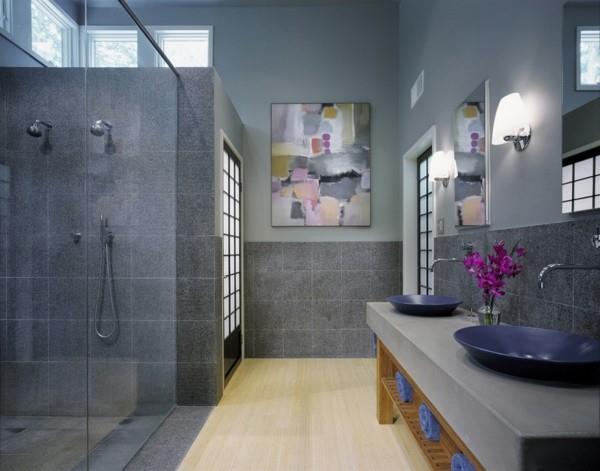 kylpyhuone harmaa moderni kylpyhuone seinän taide kukkia