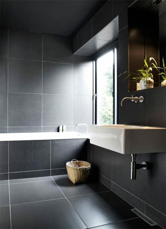 kylpyhuone harmaa tyylikäs kylpyhuone laatat tummanharmaa