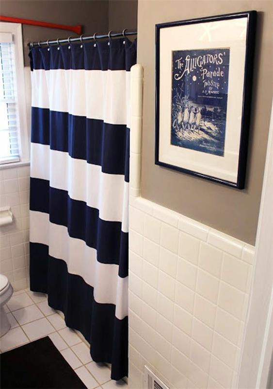 kylpyhuone kylpyverho suihkuverho sininen valkoinen raita