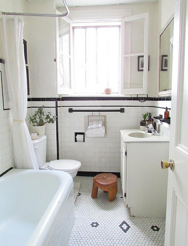 kylpyhuone ideoita väri suunnittelu valkoinen lattialaatat seinälaatat kuvio musta aksentti