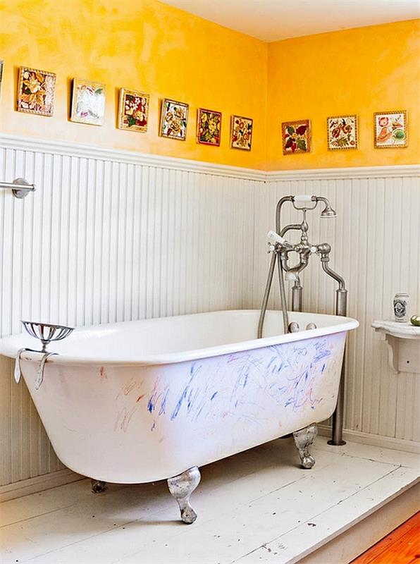 kylpyhuone ideoita tyyli perhe talo keltainen seinä design seinätaide